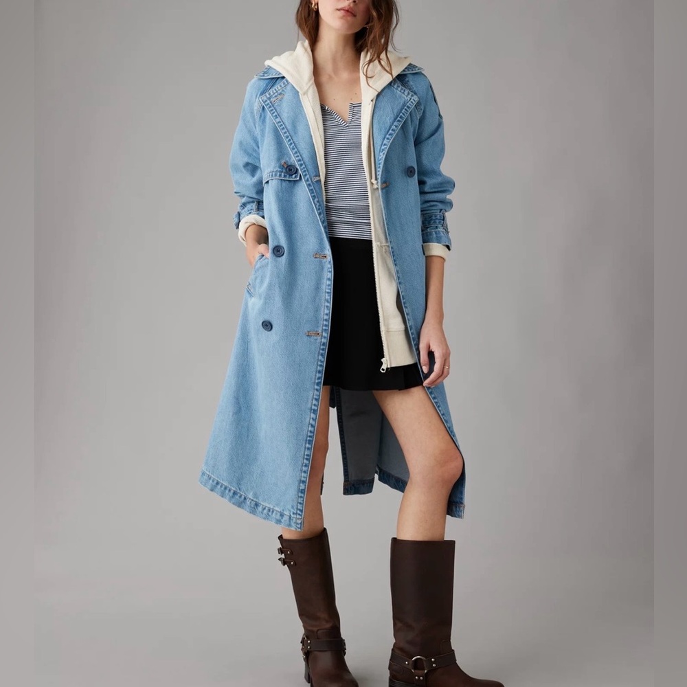 American Eagle Outfitters Light Blue Denim Trench Coat